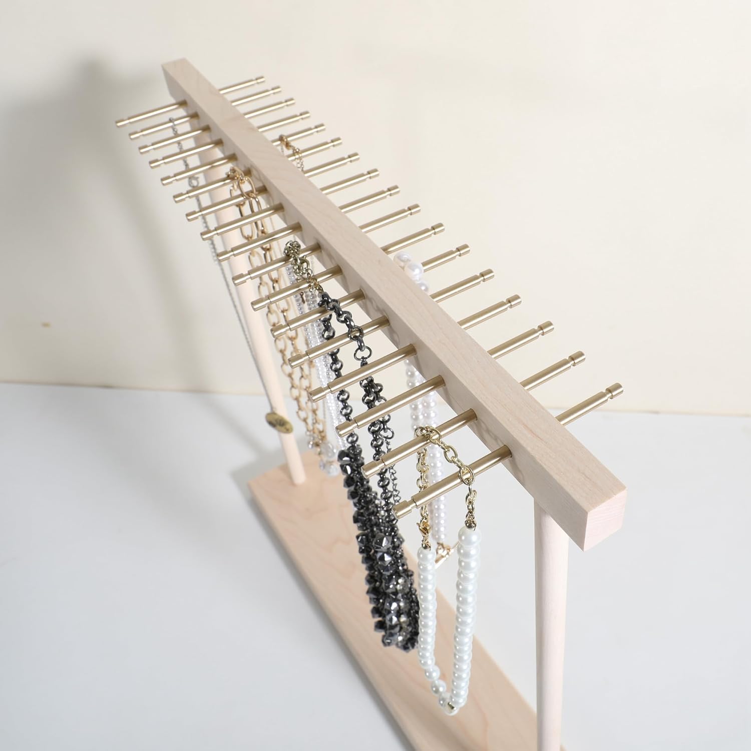 GemeShou Large necklace hanger shelf with 17 copper bars, Wooden jewelry storage organizer rack for hanger necklace bracelet, necklace display stand for boutique store【Marple】