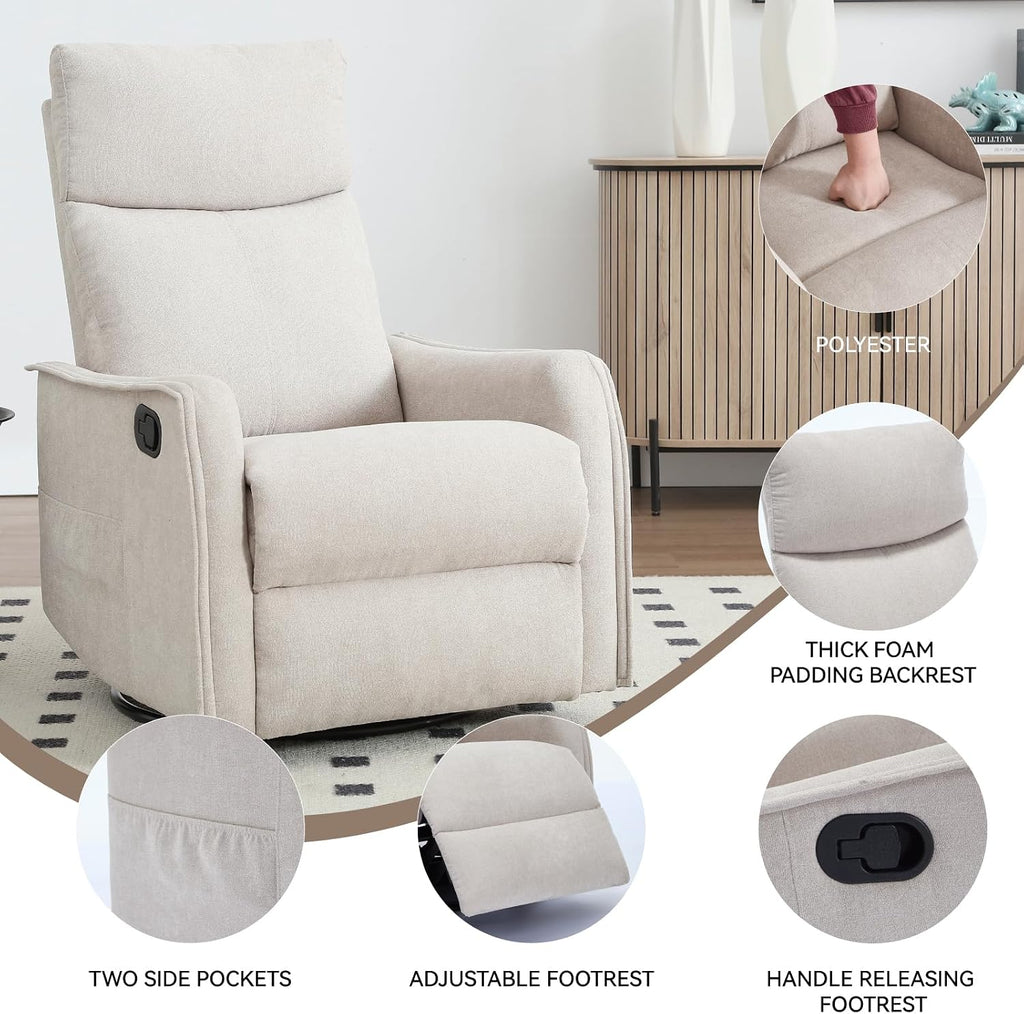 Anwick 360° Swivel Rocker Recliner Chair with Heat and Massage, Manual Upholstered Recliner for Small Spaces, Fabric Glider Nursery Chair with Side Pockets for Living Room (Beige)