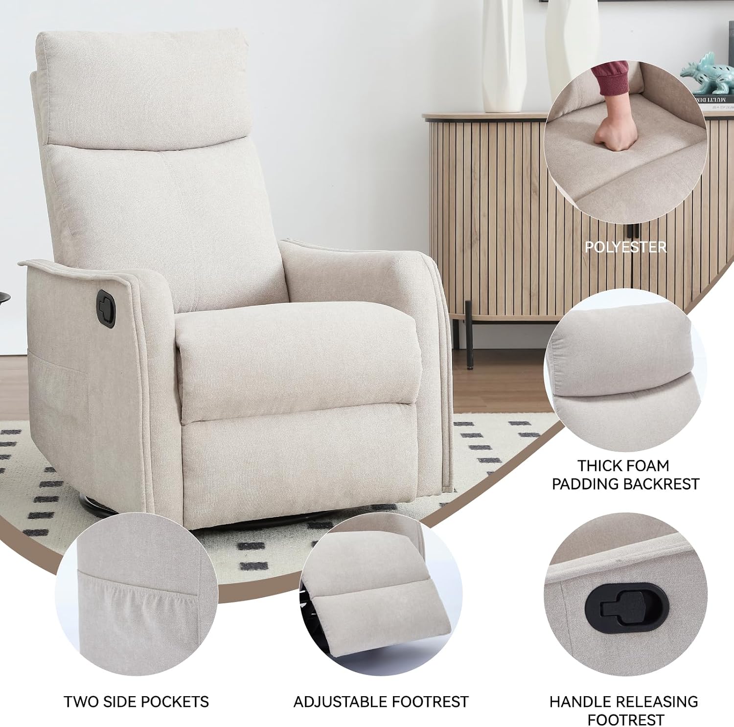 Anwick 360° Swivel Rocker Recliner Chair with Heat and Massage, Manual Upholstered Recliner for Small Spaces, Fabric Glider Nursery Chair with Side Pockets for Living Room (Beige)