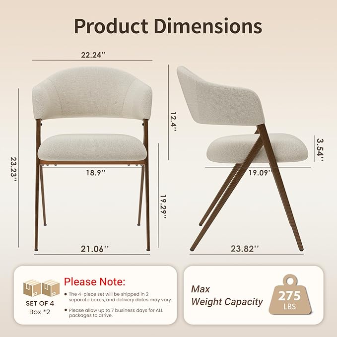 Dining Room Chairs Set of 4, Upholstered Dining Room Chairs, Mid Century Fabric Kitchen Chairs with Curved Backrest and Metal Legs, Beige