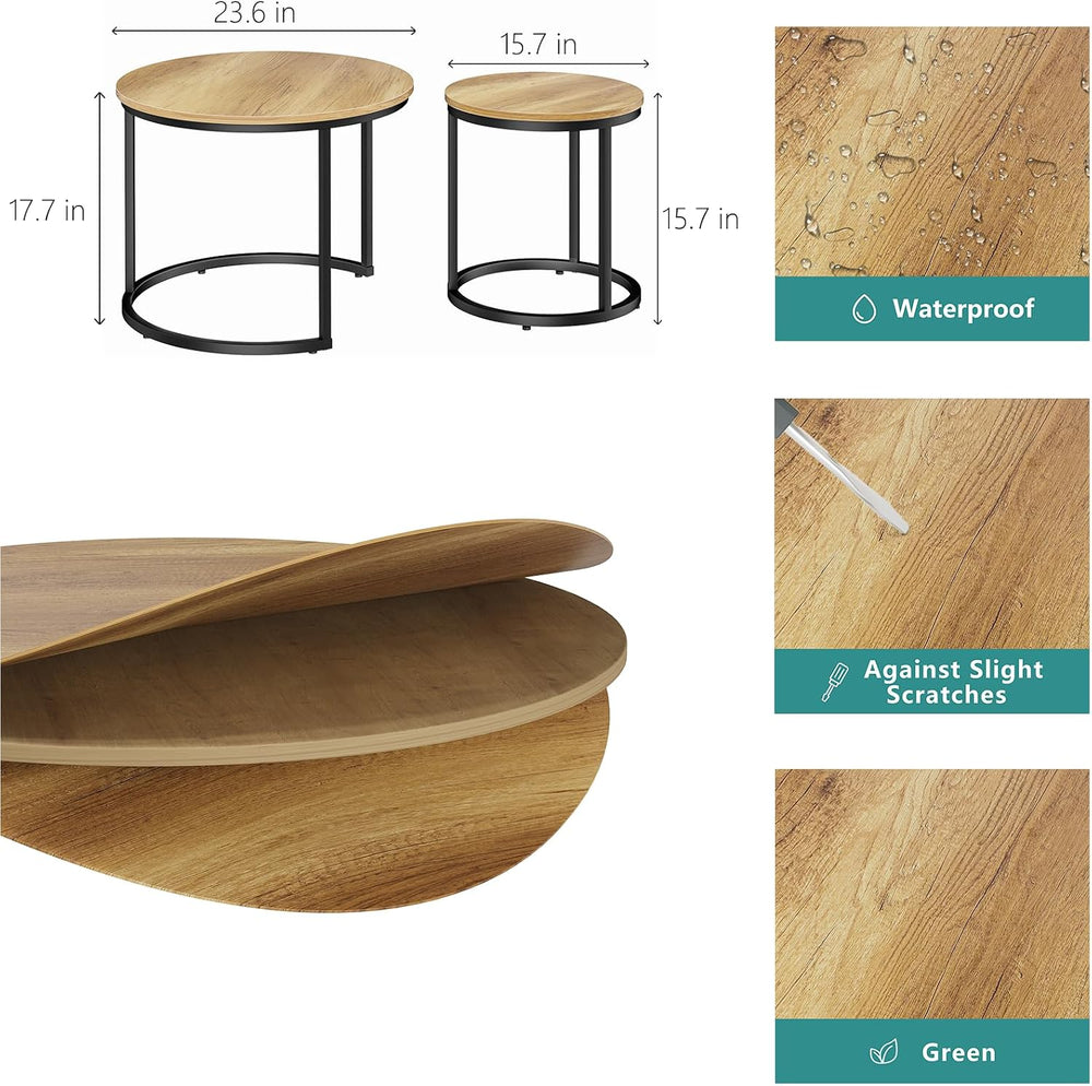 Smuxee Nesting Coffee Table Set of 2, 23.6" Round Coffee Table Brown Woo...