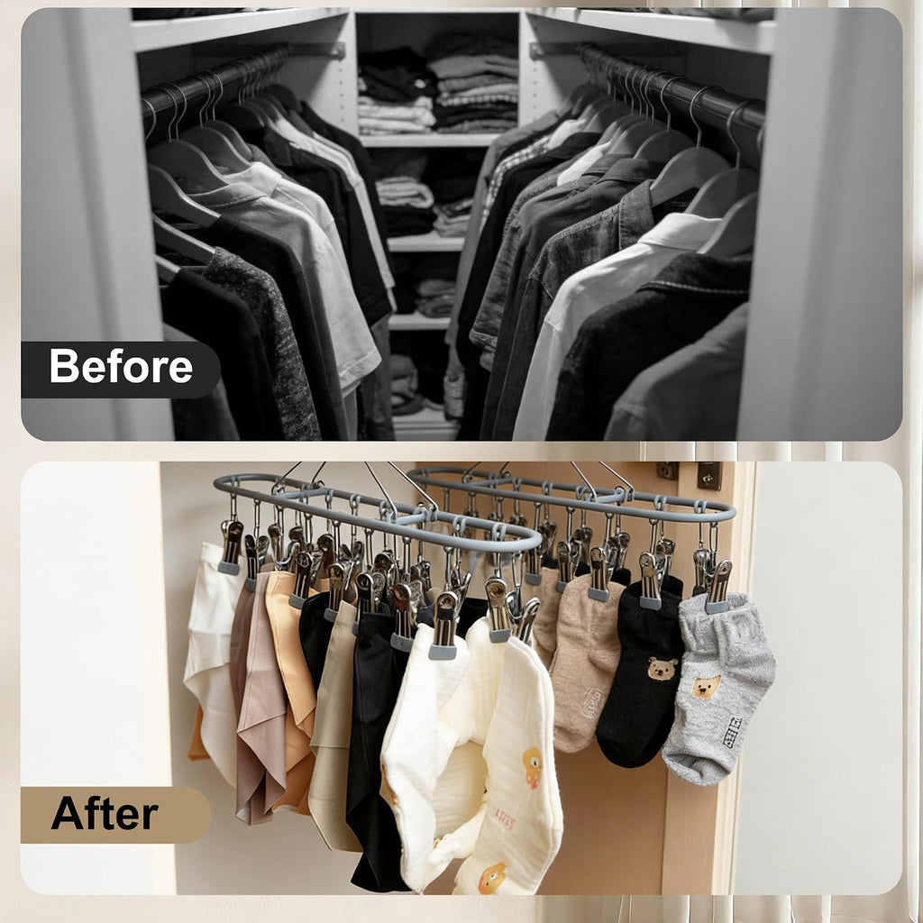 PHYDELU Drying Rack Clothing with 20 Clips，Sock Hanger for Drying，Hanging Clothes Dryer Underwear Hangers Racks Laundry Herb Socks Panty Wet Bra Lingerie Baby Delicates Foldable Small Indoor Metal
