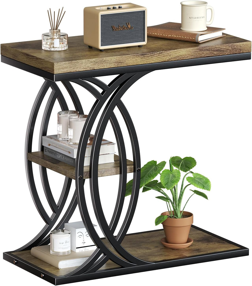 C Shaped End Table, Bed Side Table, 3-Tier Side Table with Metal Frame, Wood ...