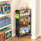 Utility Slim Storage Cart 4 Tier Small Rolling Kitchen Laundry Room Organization Cart with Wood Top Metal Narrow Laundry Room Shelves Cabinet Unit Laundry Organizer Trolley with Handle for Small space