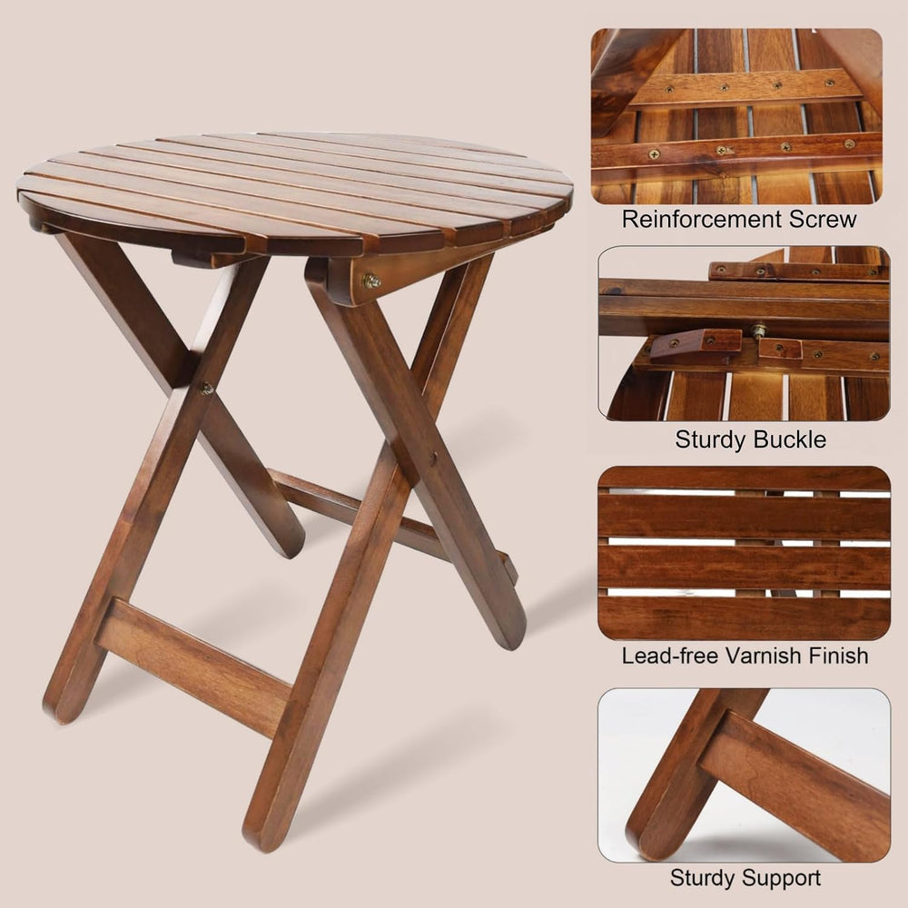 Outdoor Wooden Side Table, Folding Patio End Table, Small Round Furniture Tab...