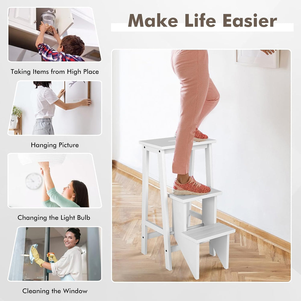 Giantex 3 Tier Folding Step Ladder, Multifunction 3-in-1 Wood Step Stool, Dis...