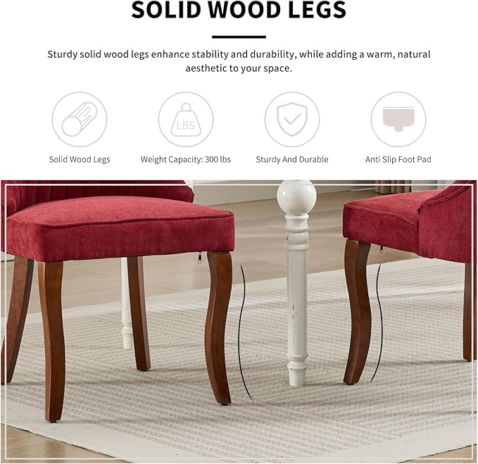 Modern Dining Chairs Set of 2, Mid Century Kitchen & Dining Room Chairs, Fabric Upholstered Kitchen Chairs with Wood Legs, Sillas de Comedor, Easy Assembly, Wine Red, 2 Pieces