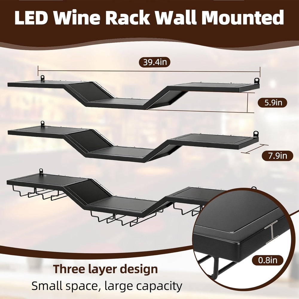 39.4" LED Modern Wall Mounted Wine Rack, 3-Tier Floating Bar Shelves | G...