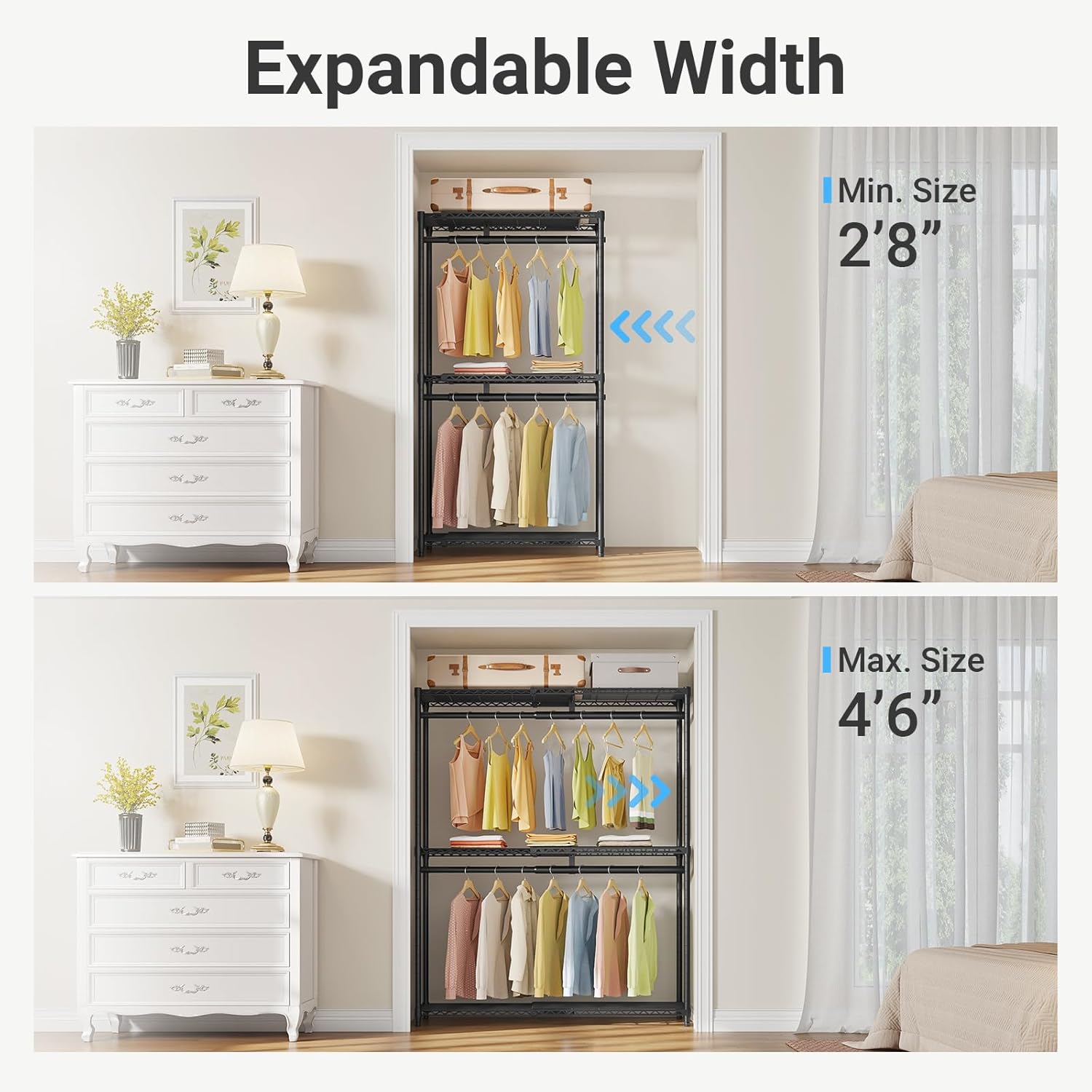 VIPEK X1 Plus Expandable Reach-in Closet Adjustable from 2'8" to 4'6" with Adjustable Shelves and Hanger Rods Clothes Rack Heavy Duty, Metal Clothing Racks Portable Walk-in Closet, Black