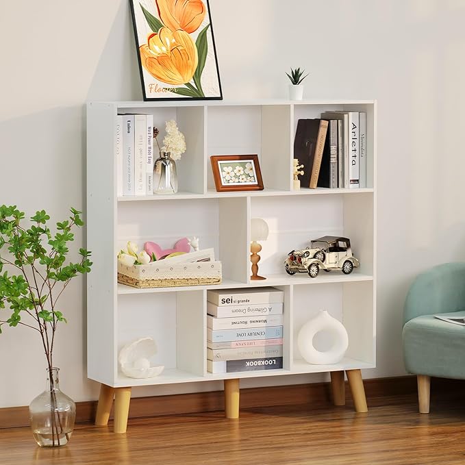 YAHARBO 8 Cube White Bookshelf,3 Tier Book Shelf with Legs,Modern Minimalist ...