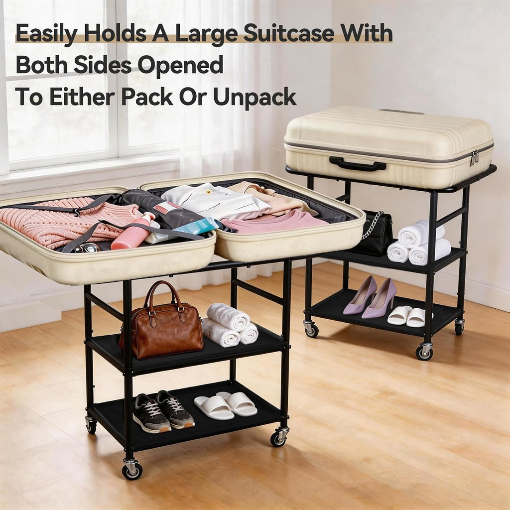 Luggage Rack for Guest Room, 3-Tier Rolling Suitcase Stand with Wheels | Metal Luggage Stand with Storage Shelf, Black Heavy Duty Luggage Holder for Home/Bedroom/Hotel, Easy to Assemble