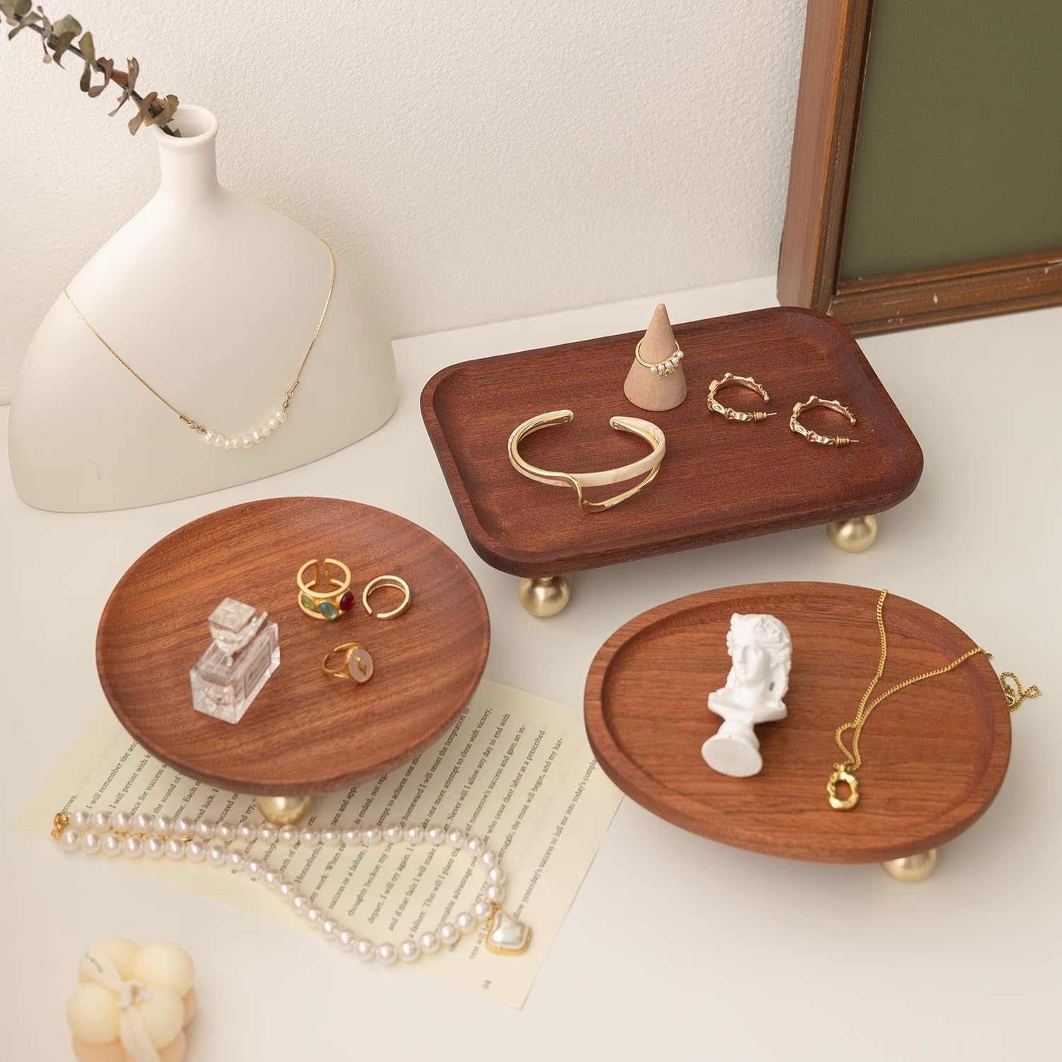 Wooden Jewelry Display Tray, Mothers Day Gifts Presentation Tray, Organizer for Rings, Necklaces, Earrings, Catchall Holder, Trinket Dish, Key Tray (Oval)