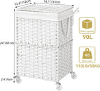 Chrislley 90L Slim Laundry Hamper with Wheels, Rolling Laundry Basket with Lid and Renovable Liner Bag, Handwoven Rattan Organizer for bedroom, bathroom, laundry room (White)