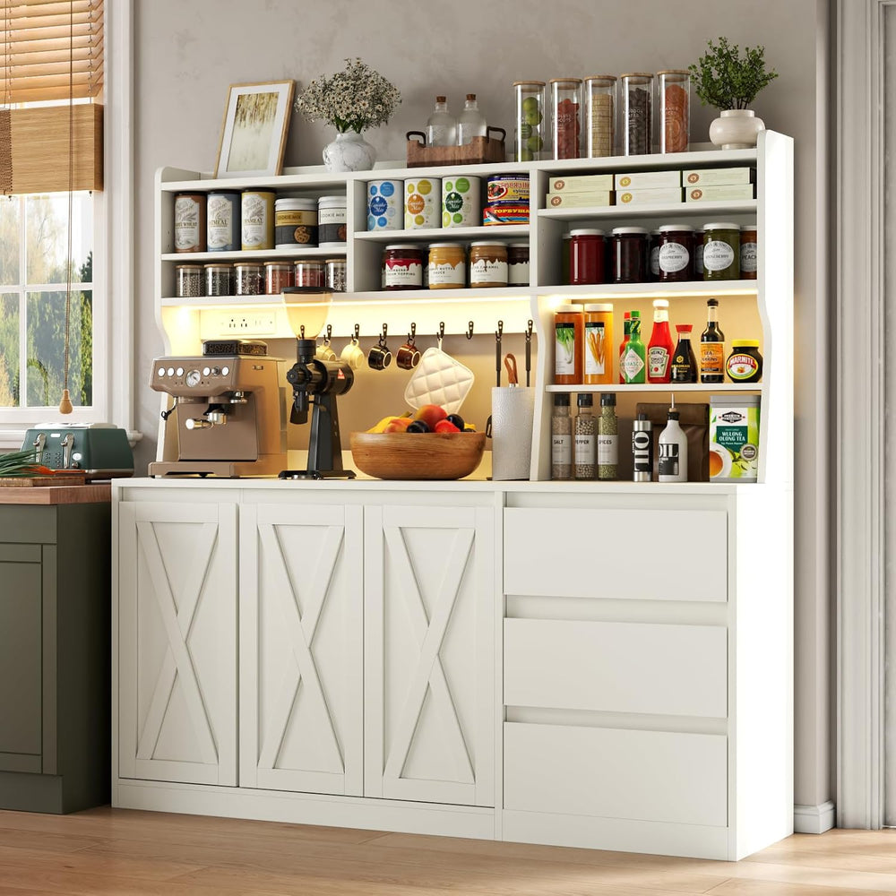 Gyfimoie Farmhouse Kitchen Pantry Cabinet with Power Outlet & LED Light, ...