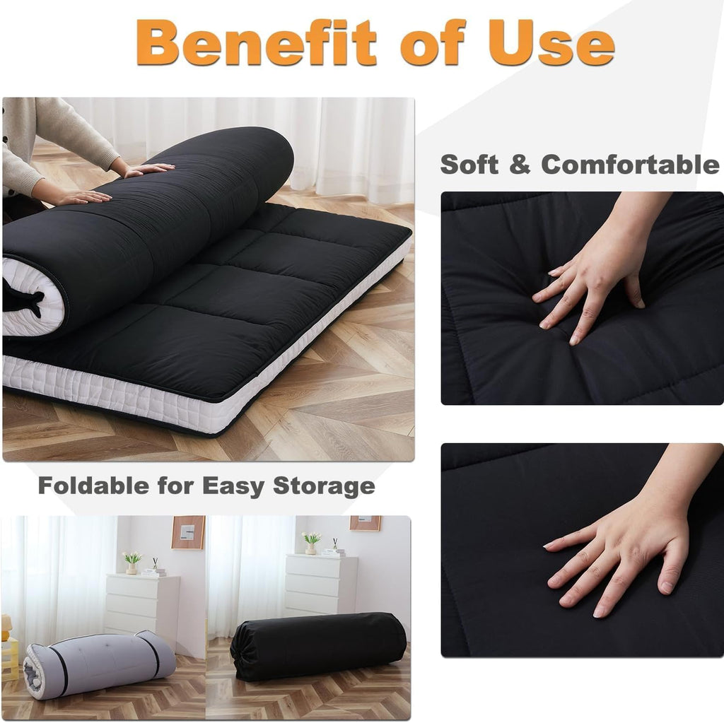 Full Size Futon Mattress - Fleece Foldable Japanese Floor Mattress - Super Soft Fuzzy Sleeping Pad for Adults - Tatami Mat Suitable for Camping & Guest & RV Mattress- Black (Full:80"L x 54"W x 4"Th)
