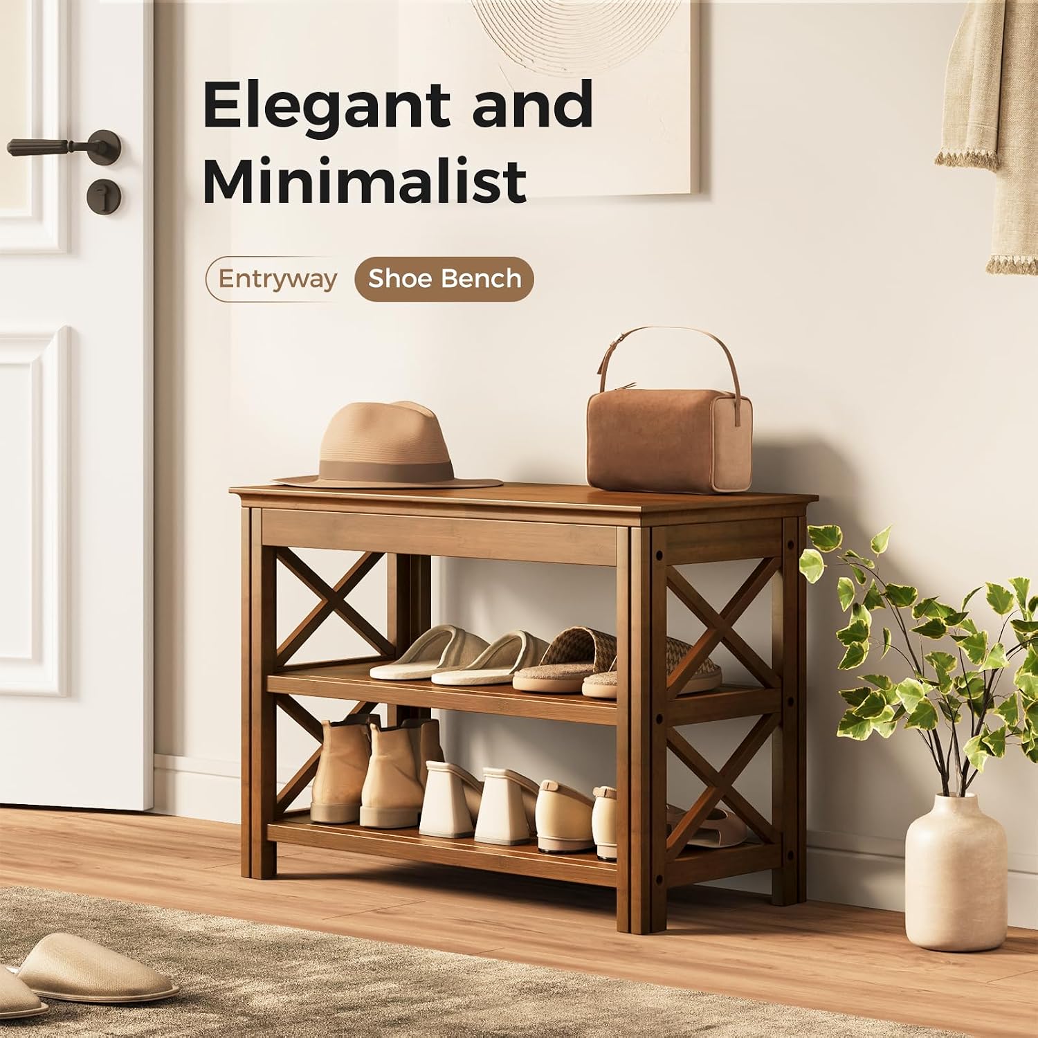 Bamworld Shoe Rack Bench with Storage 3 Tier Bamboo Shoe Bench Entryway Rustic Entryway Bench (X-Brown, 23.6 Inch