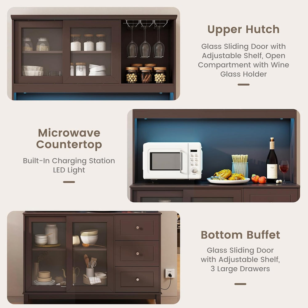 73” Kitchen Pantry Storage Cabinet, Buffet Hutch w/Power Outlets & Led Li...