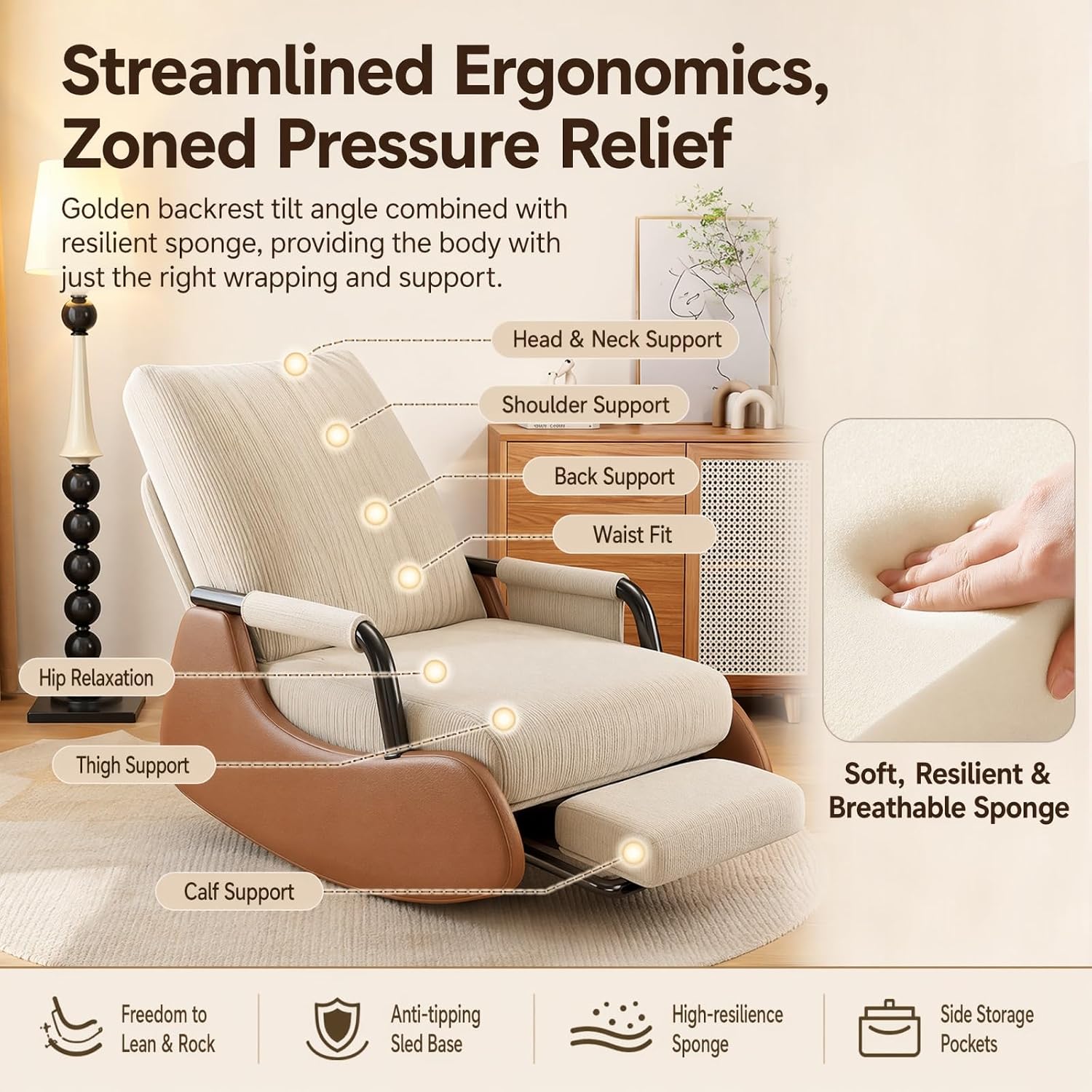 Nursery Glider Rocking Chair Rocking Chair with Foot Rest Nursery Chair, Wear Resistant Washable Corduroy Cover Ergonomic Foldable Stable Frame for Apartment Nursery