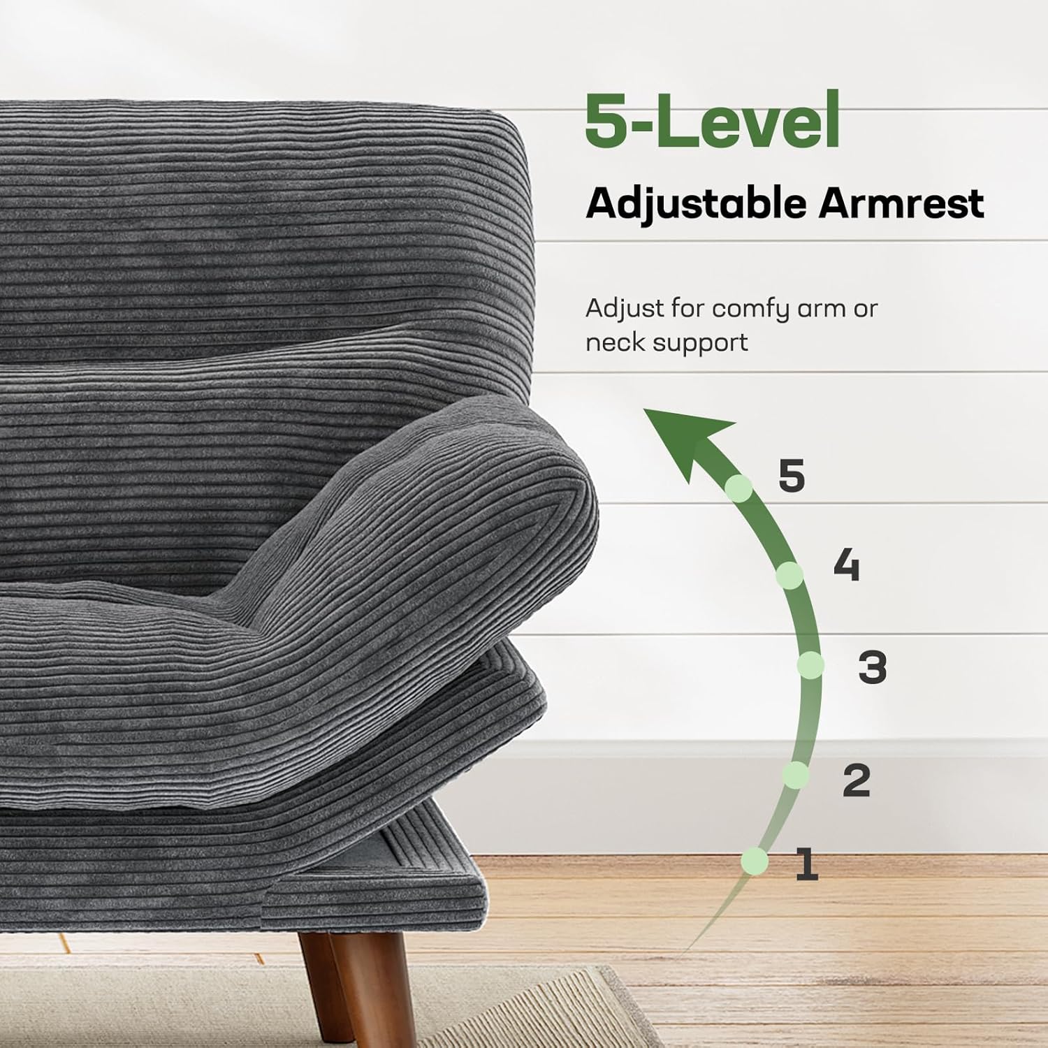 Marsail 66" Futon Sofa Bed, Convertible Corduroy Futon Couch with Adjustable Backrest & Armrests, Small Sleeper Sofa Loveseat for Living Room, Apartment, Office, Grey
