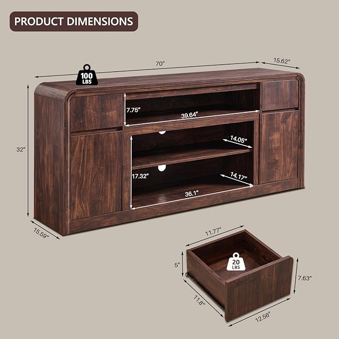 Modern TV Stand for 80 Inch TVs, 32"Tall Entertainment Center w/Storage Cabinet& drawers, Media Console Cabinet w/Soundbar & Adjustable Shelves for Living Room, Curved Profile Design, 70 inch (Brown)