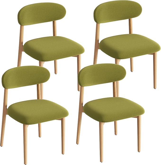 Wooden Dining Chair Set of 4, Modern Dining Chairs with with Curved Back, Fabric Upholstered Kitchen Dining Room Chairs with Adjustable Legs for Farmhouse Dining Living Room,Green