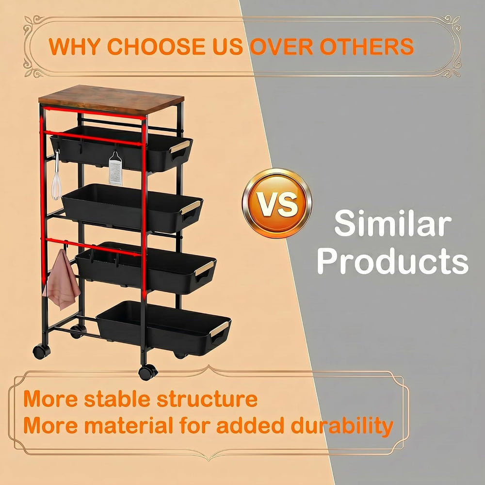 5-Tier Slim Storage Cart, Wooden Top Rolling Kitchen Cart with Pull-Out Baske...