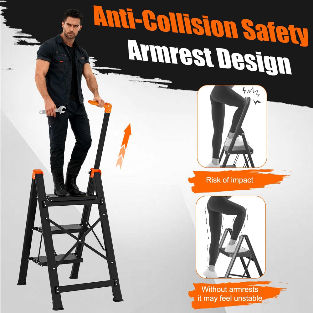 3 Step Ladder with Single Handrail, Retractable Handle 3 Folding Step Stool