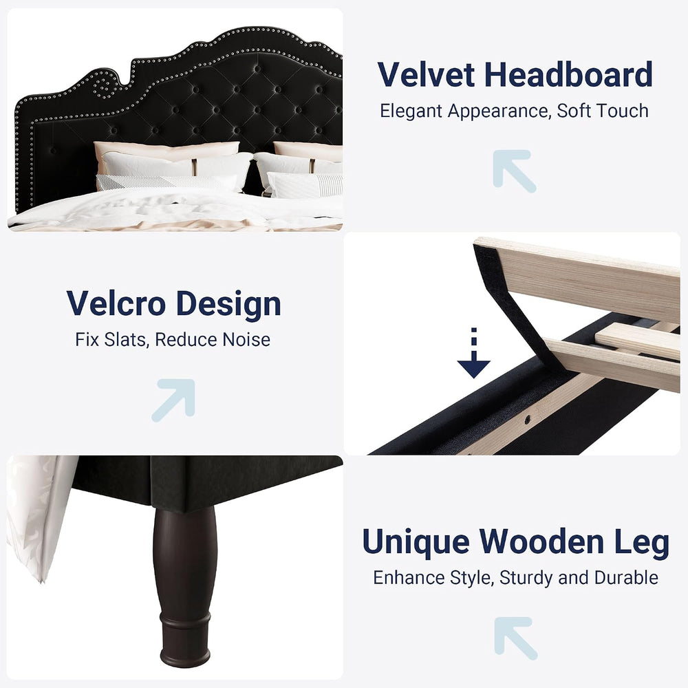 Allewie King Bed Frame with Adjustable Velvet Tiara Headboard, Upholstered Di...