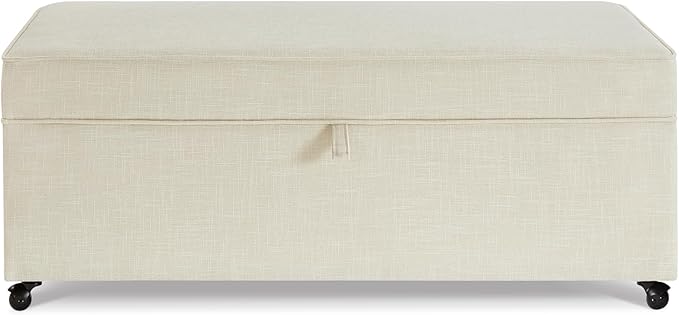 45" Modern Sofa Ottoman with Storage,Linen Upholstered Storage Bench with Rotation Casters and Safety Hinge, for Living Room,Ivory
