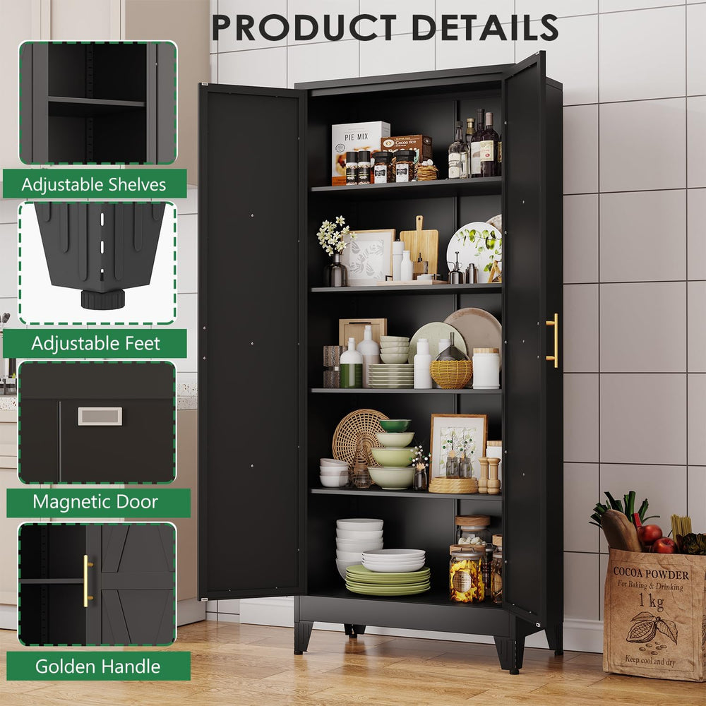 pozdeg 71" Tall Kitchen Pantry Cabinet, Metal Storage Cabinet with 2 Doo...
