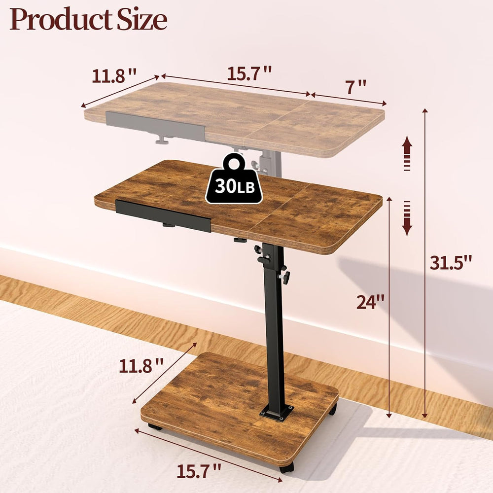 End Table Adjustable Height, 22.8"L Side Table Tv Tray with Wheels, 90° ...