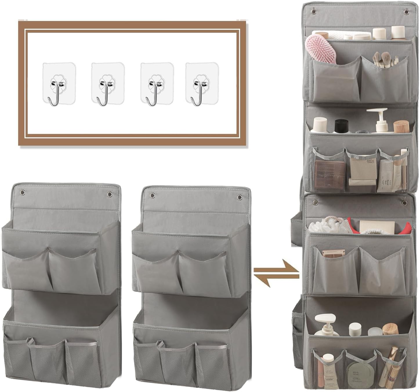 Wall Hanging Organizer – Over The Door Storage & Behind Door Organizer for Dormitory, Bathroom, Bedroom, Kitchen, Nursery, Space-Saving (Grey, 2 Pack)