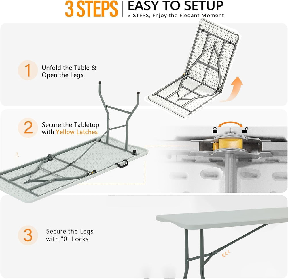 6FT Folding Table,Portable White HDPE Utility Table with Carry Handle | Durab...