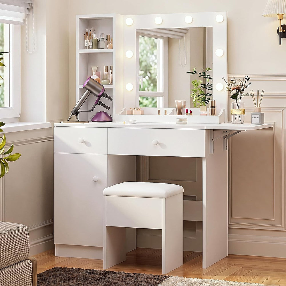 Haewon White Makeup Vanity Desk with Lighted Mirror and Storage Chair | Vanit...