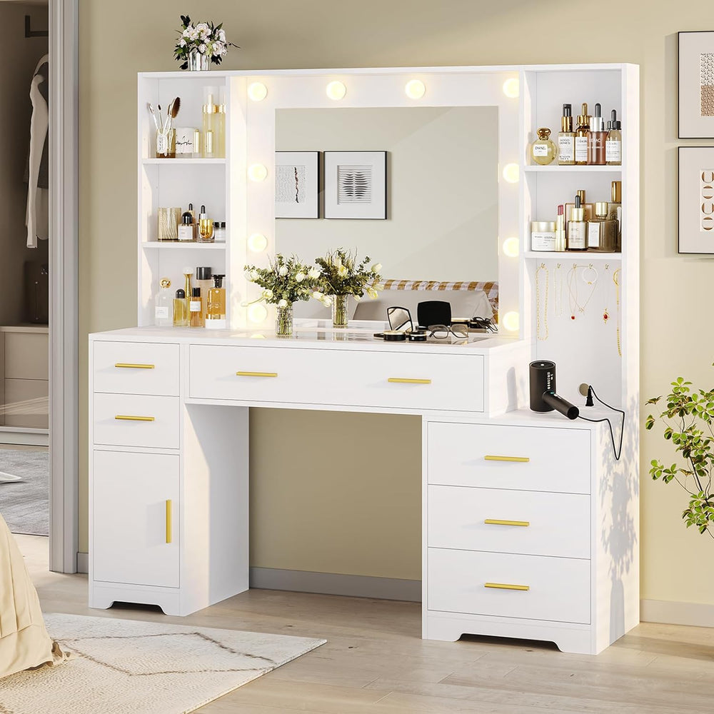 Hasuit 48.8'' Large Vanity Desk with Lighted Mirror & Power Outle...