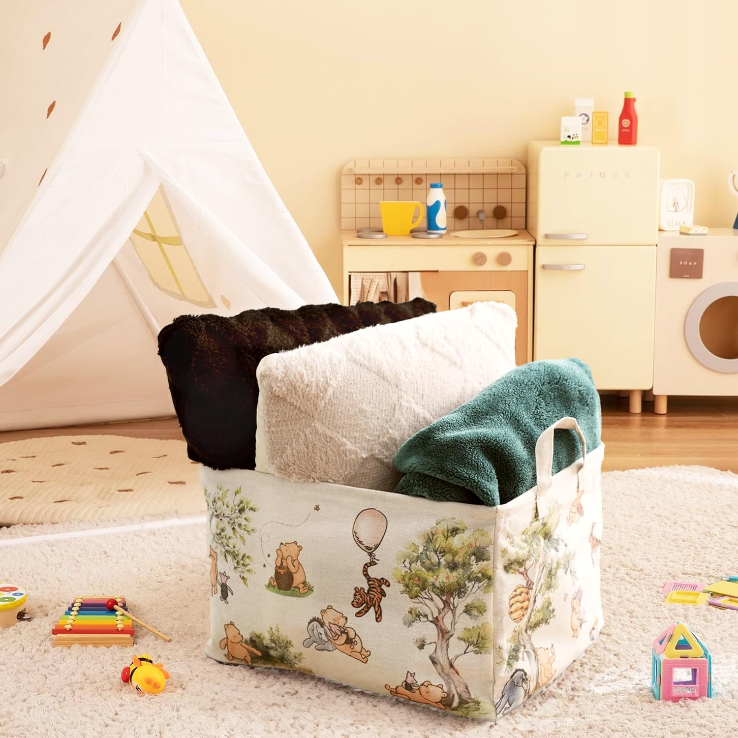 Sweet Baby Co. Classic Winnie Pooh Storage Nursery Basket With Hard Bottom Large Square Canvas Cotton Laundry Hamper Bin Waterproof Foldable Bathroom and Bedroom Stuff Clothes Toys Baby Vintage Decor