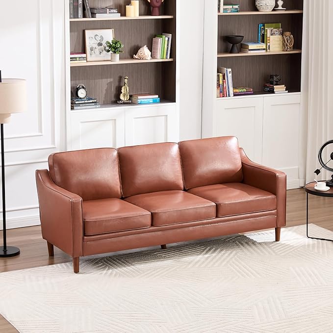 Kingfun 80" Faux Leather Sofa, 3 Seater Couch, Mid Century Modern Couches with Solid Wood Legs for Living Room & Bedroom, Dark Brown