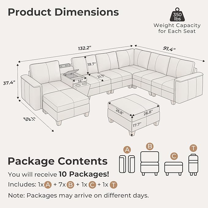 SITJOY 132" Faux Leather Modular Sectional Sofa with Storage, Mid Century Modern Sectional Couches for Living Room, 8 Seat V Shaped Couch with Ottoman and Console Table, Hidden Cupholders, Greige