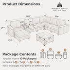 SITJOY 132" Faux Leather Modular Sectional Sofa with Storage, Mid Century Modern Sectional Couches for Living Room, 8 Seat V Shaped Couch with Ottoman and Console Table, Hidden Cupholders, Greige