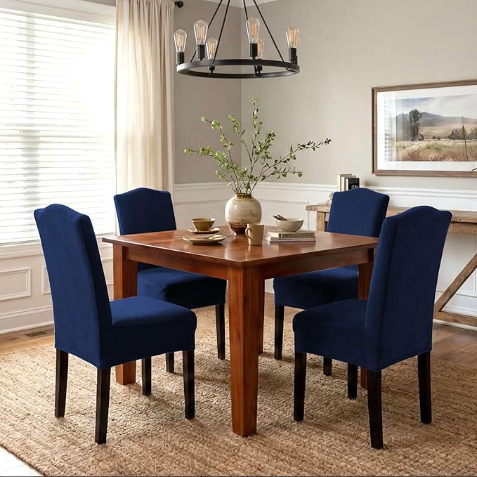 H.VERSAILTEX Velvet Dining Chair Covers Stretch Chair Covers for Dining Room Set of 4 Parson Chair Slipcovers Chair Protectors Covers Dining, Soft Thick Solid Velvet Fabric Washable, Navy