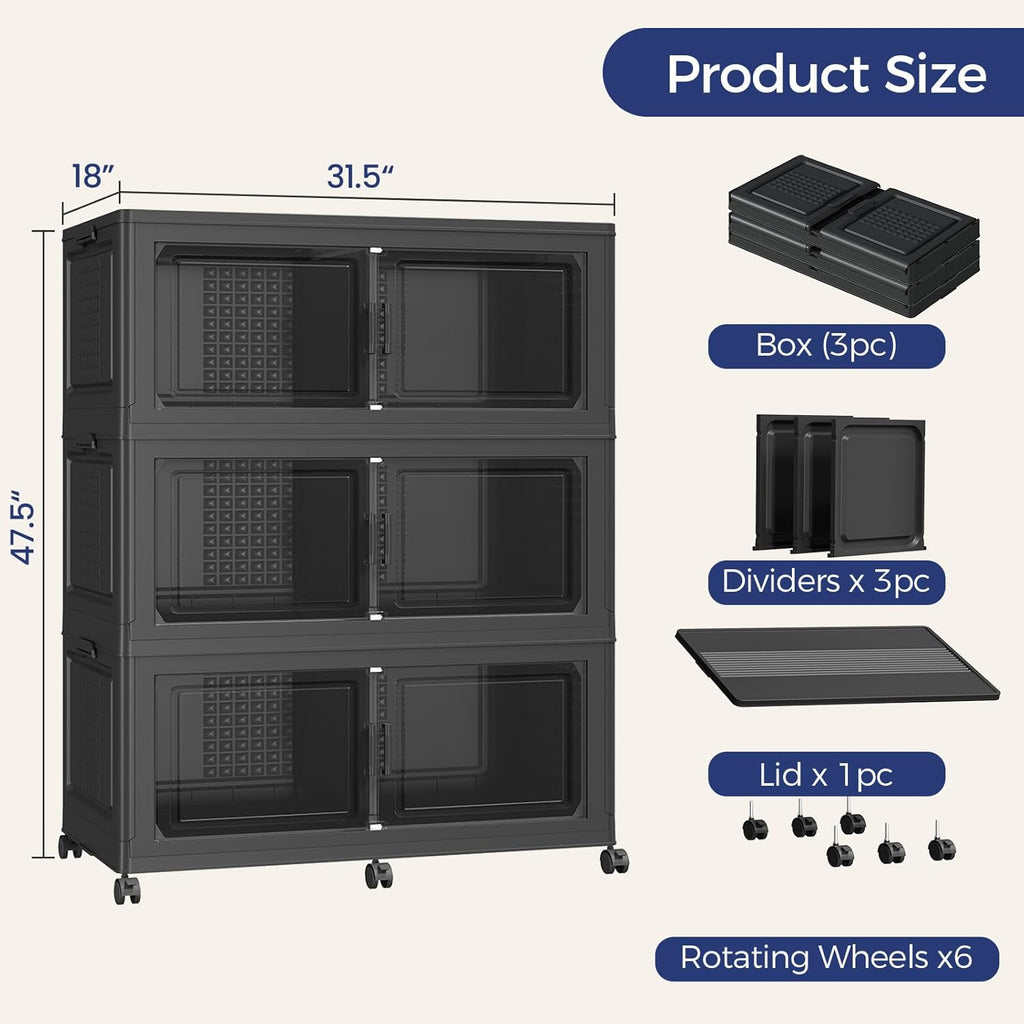 150GAL Extra Large Storage Bins with Lid, 600Qt Stackable Closet Organizers and Drawers, Collapsible Storage Bins with Wheels, Folding Containers for Home, Kitchen Office, 3Pack Black