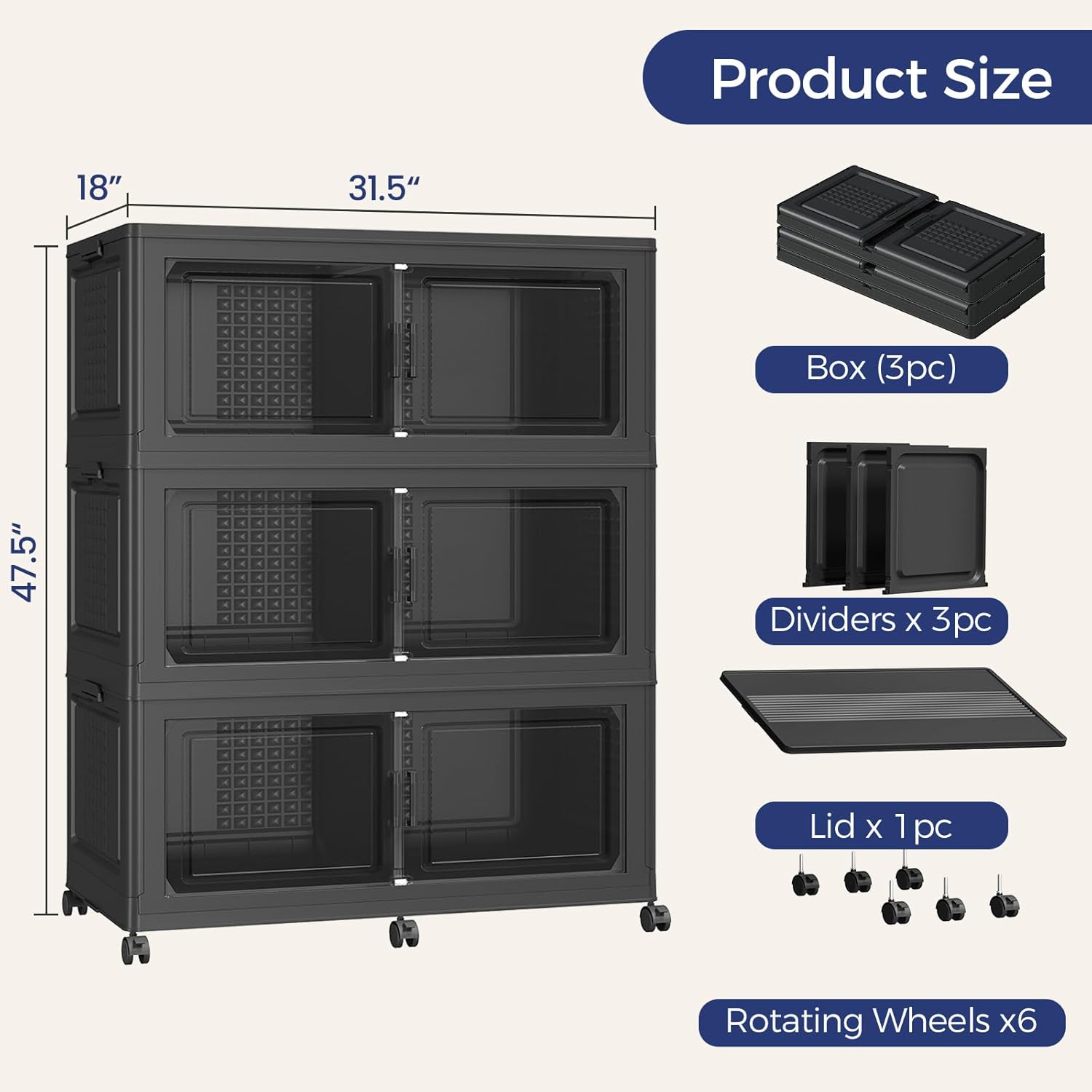 150GAL Extra Large Storage Bins with Lid, 600Qt Stackable Closet Organizers and Drawers, Collapsible Storage Bins with Wheels, Folding Containers for Home, Kitchen Office, 3Pack Black