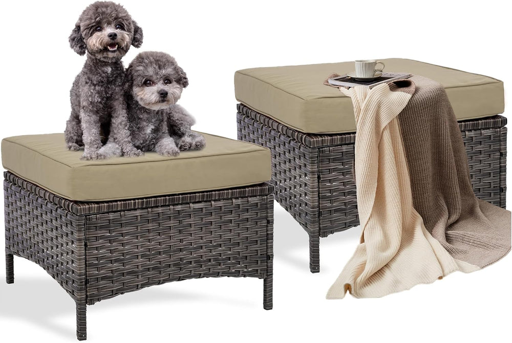Set of 2 Outdoor Patio Ottomans, All-Weather PE Rattan Wicker Furniture for B...