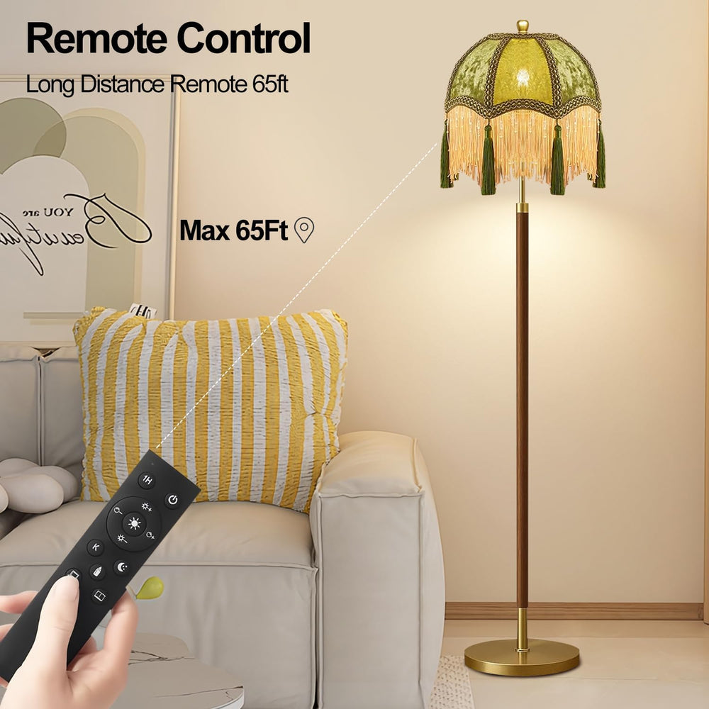 Vintage Floor Lamp For Living Room,Remote Dimmable Wood Gold Standing Lamps W...