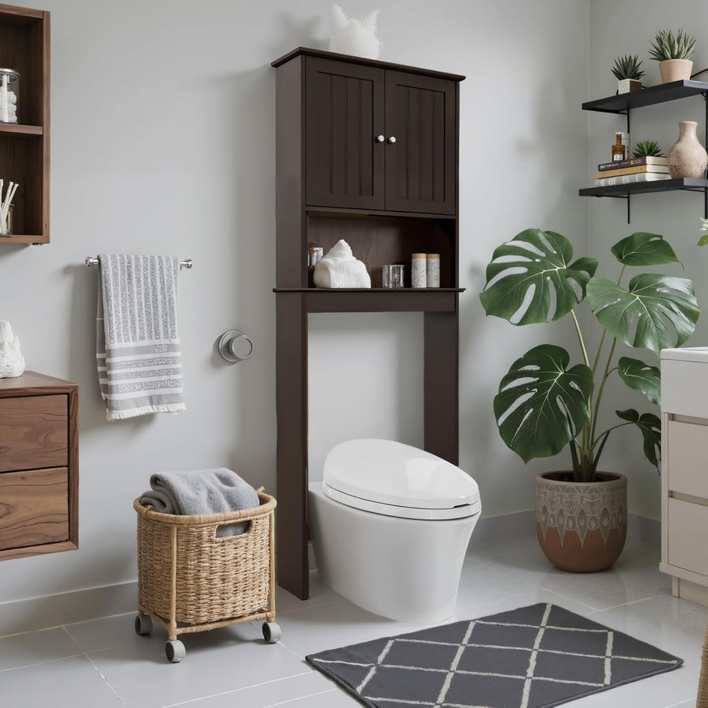 Over The Toilet Storage Cabinet, Behind Toilet Bathroom Organizer with Adjustable Shelves, Above Toilet Organizers with Barn Door, Space Saver for Restroom, Bathroom, Laundry
