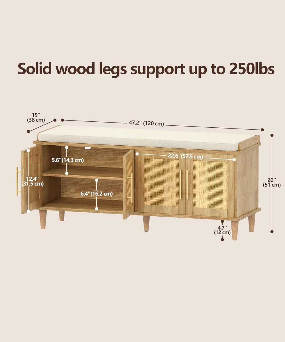 Akxomel 47.2" Rattan Shoe Storage Bench 4 Doors Wooden Entryway Bench Oa...