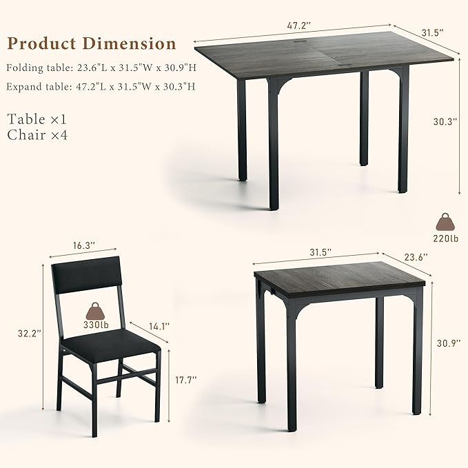 Dining Table Set for 4, Extendable Kitchen Table Cushion Chairs Set of 4, Rectangle Dining Table with Metal Frame & MDF Board, Folding for Small Apartment Saving Space, Gray