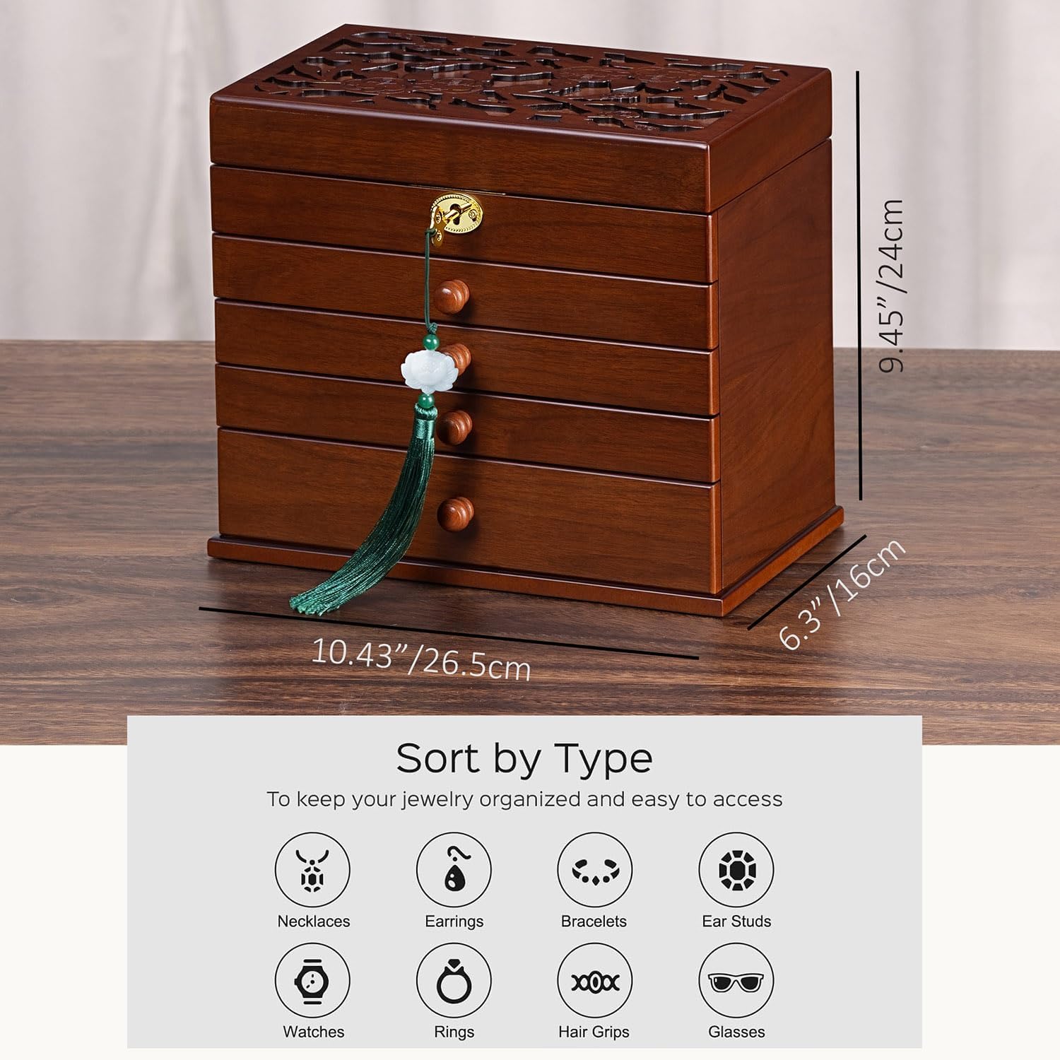 Vintage Wooden Jewelry Box with Dual Key Lock, Carved Top, Necklace Hooks – Antique Jewelry Organizer for Dresser Tabletop, Jewelry Storage Boxes for Women