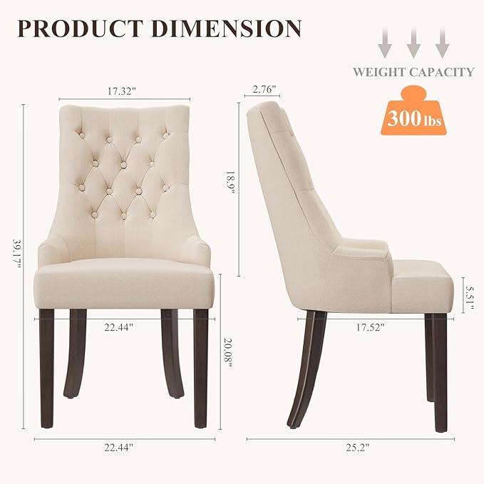 COLAMY Wingback Upholstered Dining Chairs Set of 2, Fabric Side Dining Room Chairs with Tufted Button, Living Room Chairs for Home Kitchen Resturant- Beige