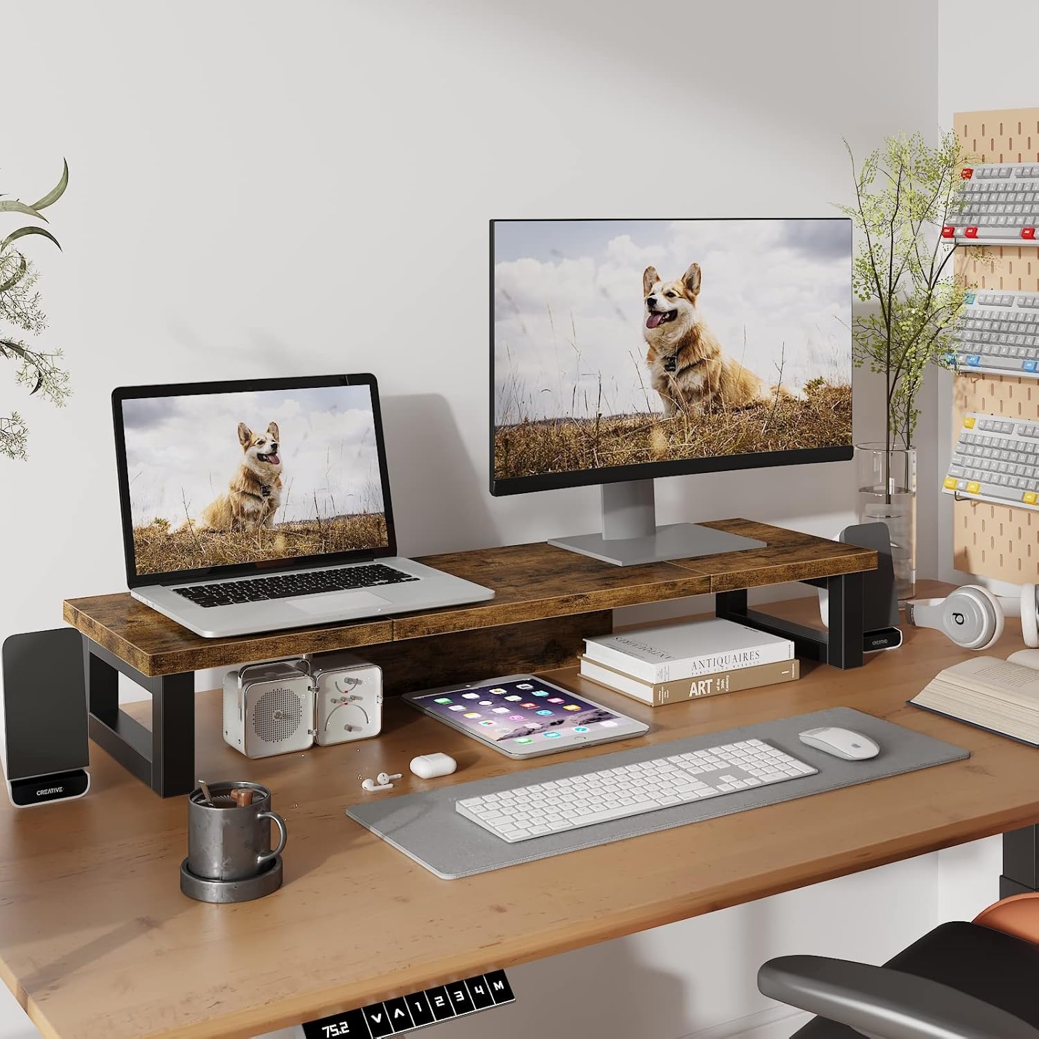 WESTREE Dual Monitor Stand Riser, Wood and Steel Monitor Stand Riser, Computer Monitor Stand for 2 Monitors, Multi-Purpose Desktop Storage Stand for Computer,Laptop,Printer,TV